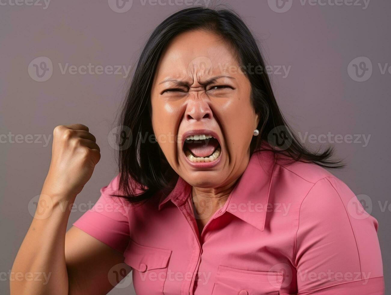 50 year old asian woman in emotional dynamic pose on solid background AI Generative photo