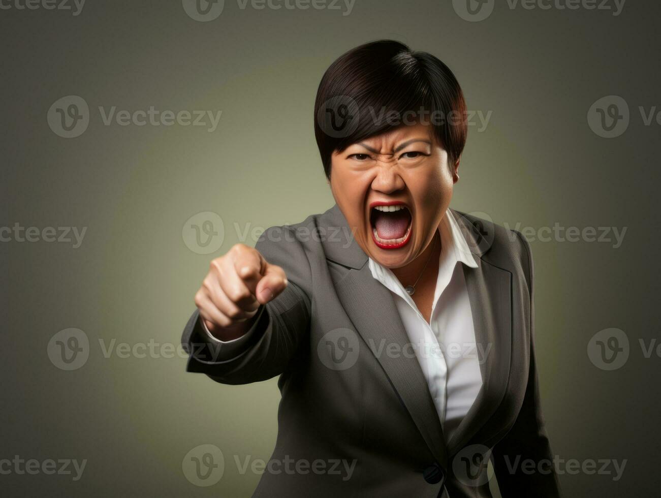 50 year old asian woman in emotional dynamic pose on solid background AI Generative photo