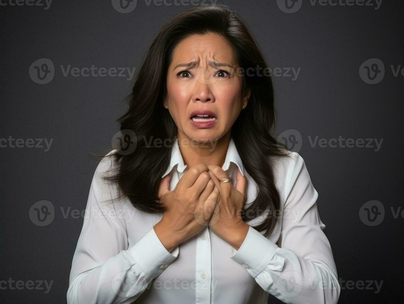 50 year old asian woman in emotional dynamic pose on solid background AI Generative photo