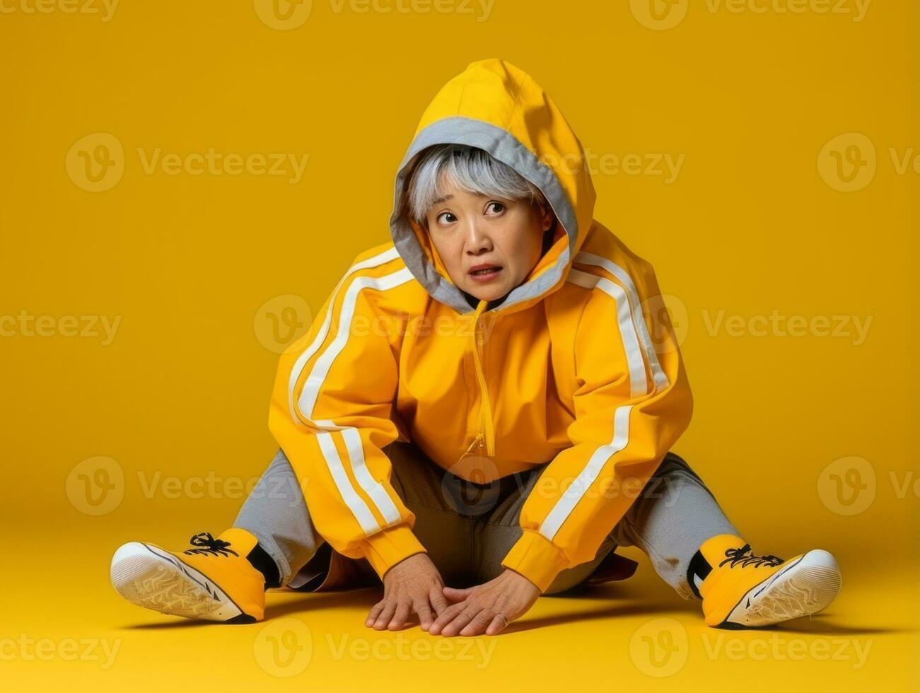 50 year old asian woman in emotional dynamic pose on solid background AI Generative photo