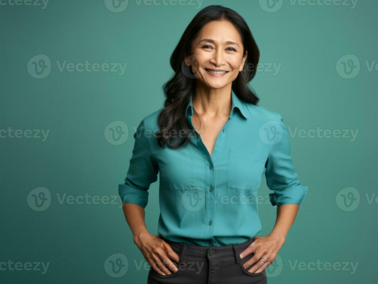 50 year old asian woman in emotional dynamic pose on solid background AI Generative photo