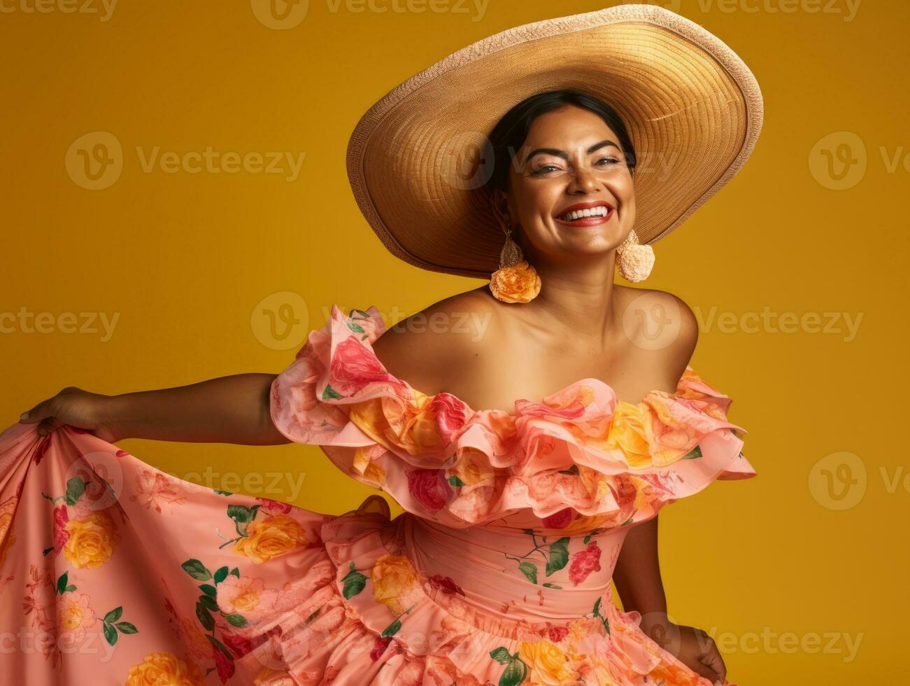 50 year old mexican woman in emotional dynamic pose on solid background AI Generative photo