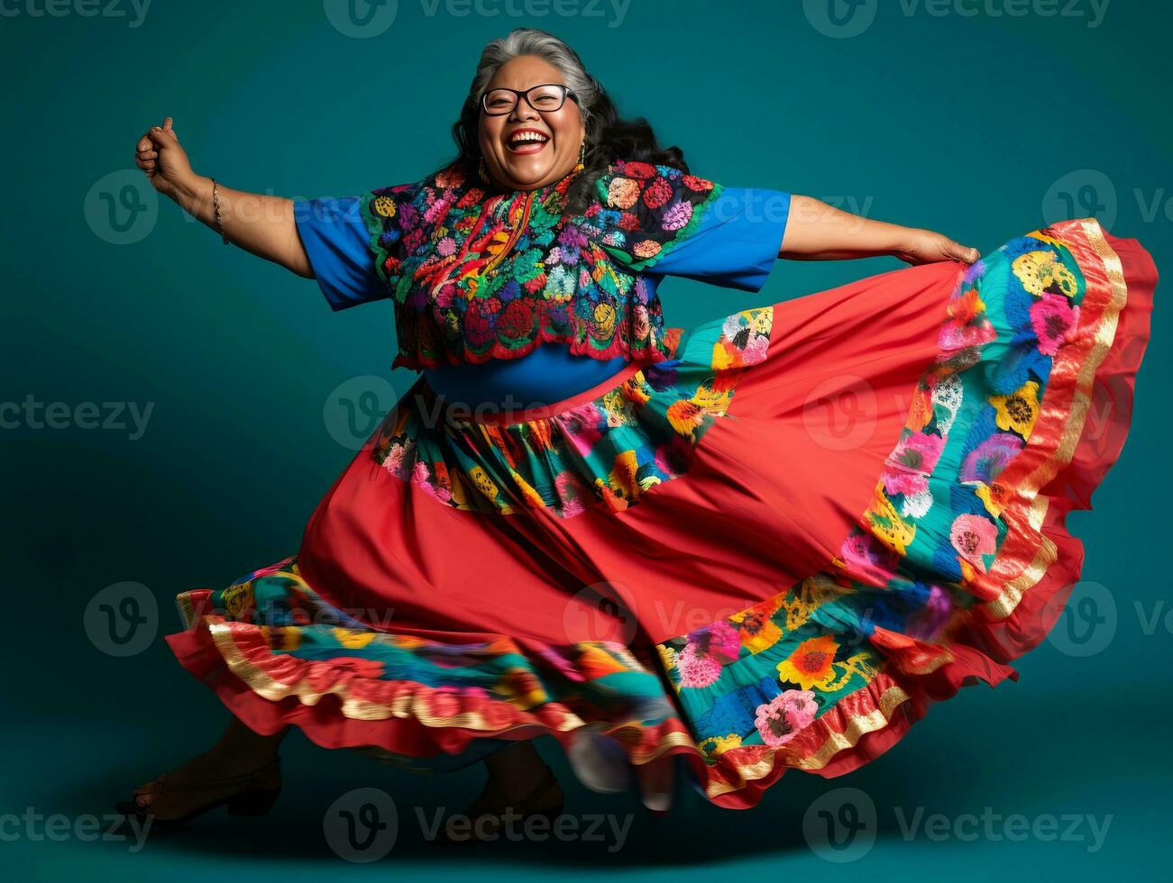 50 year old mexican woman in emotional dynamic pose on solid background AI Generative photo