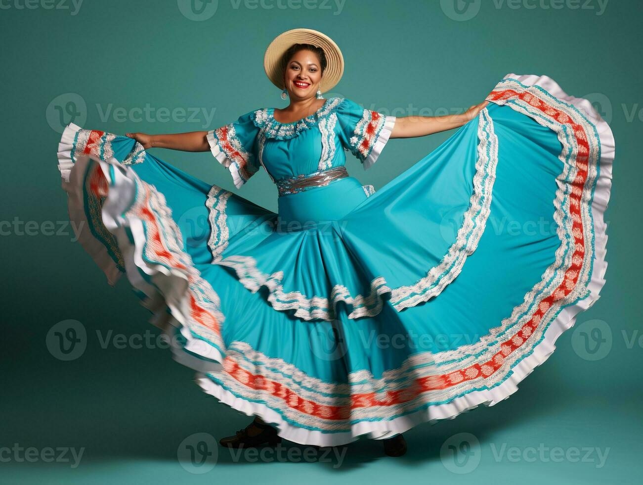 50 year old mexican woman in emotional dynamic pose on solid background AI Generative photo