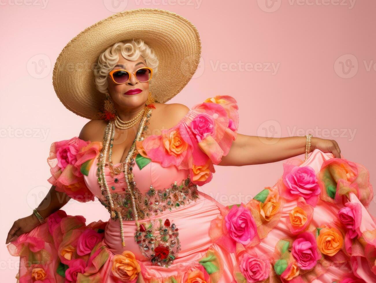50 year old mexican woman in emotional dynamic pose on solid background AI Generative photo