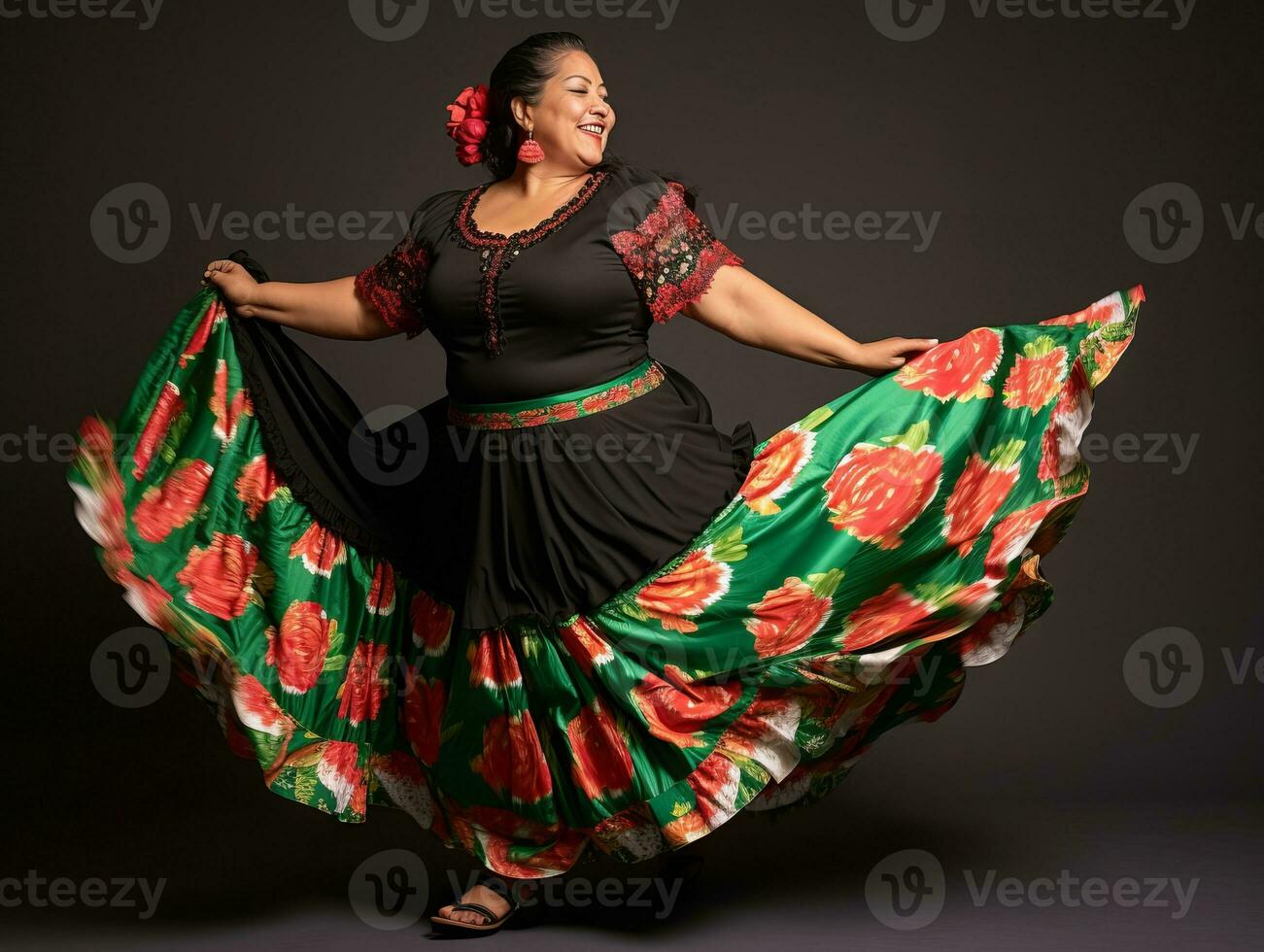 50 year old mexican woman in emotional dynamic pose on solid background AI Generative photo