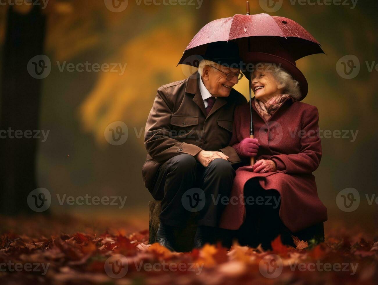 Loving old couple is enjoying a romantic autumn day AI Generative photo