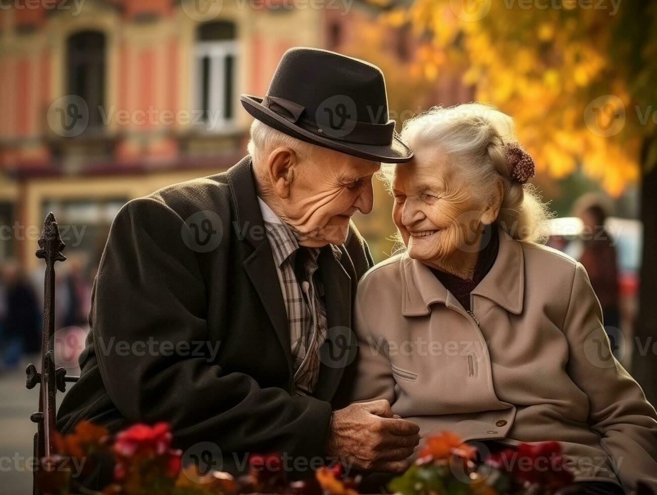 Loving old couple is enjoying a romantic autumn day AI Generative photo