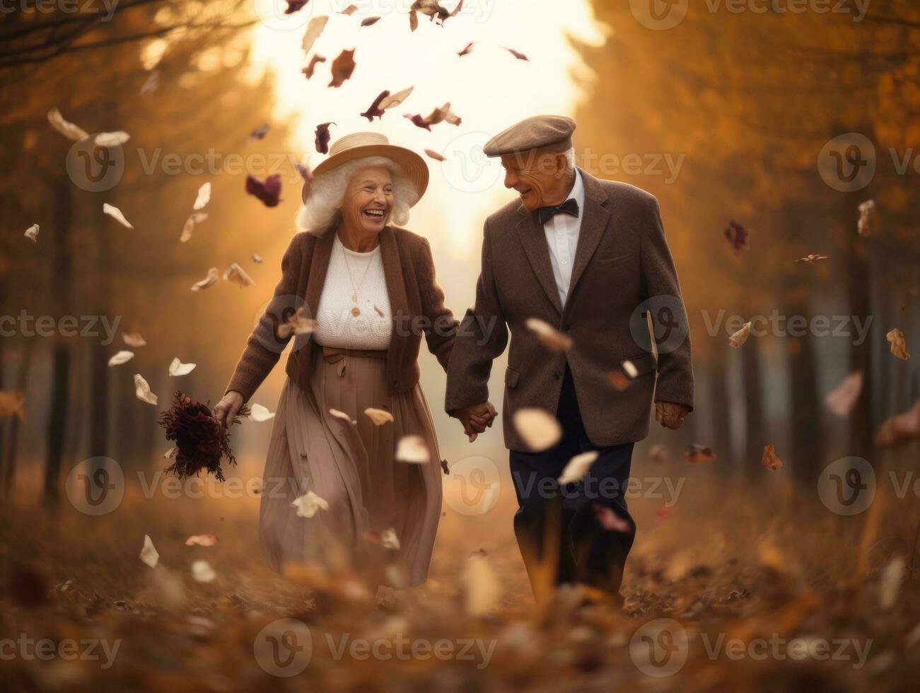 Loving old couple is enjoying a romantic autumn day AI Generative photo