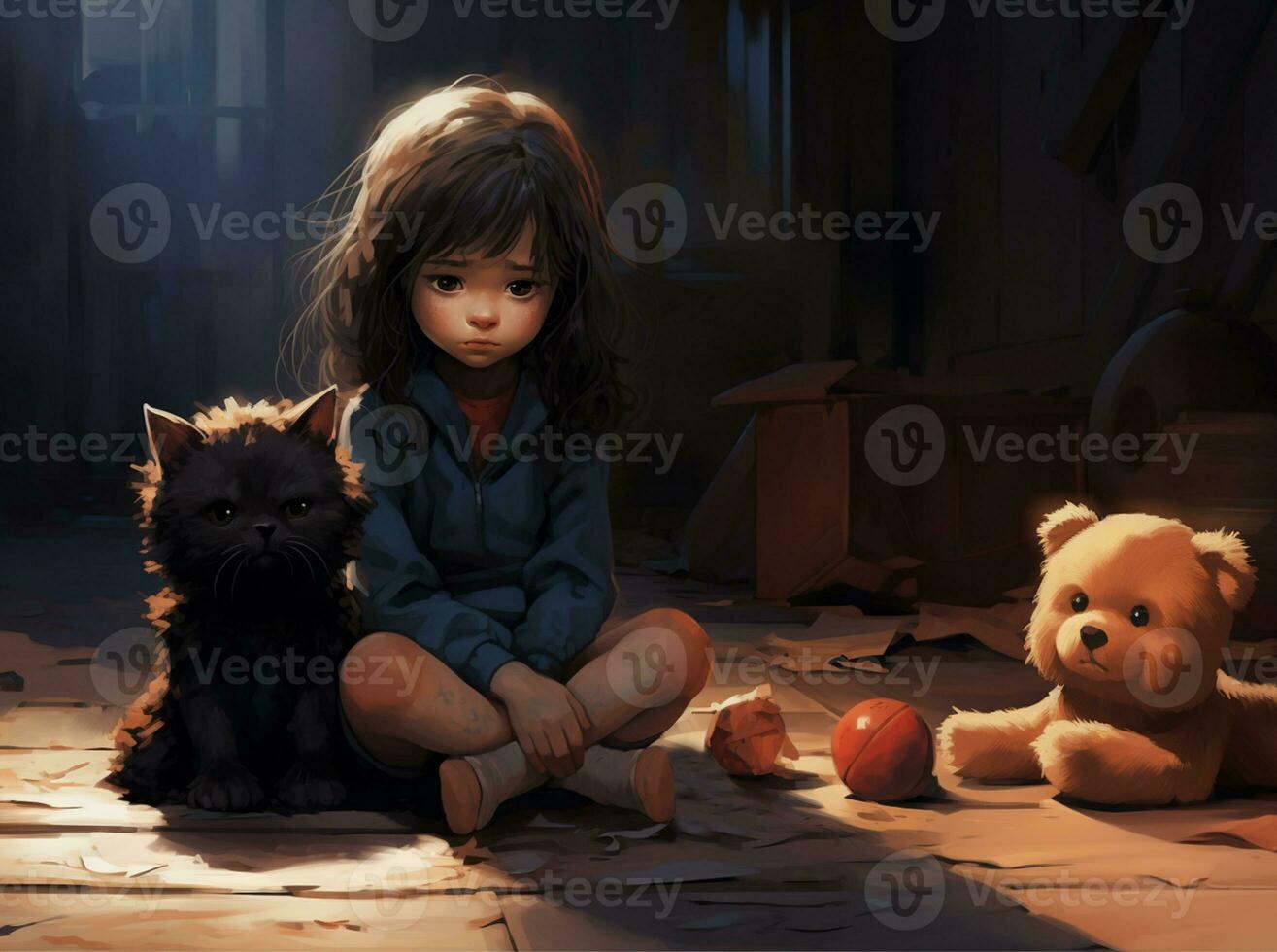 A sad girl sits on the floor, and a cat and teddy bear sits next to her. Generative AI photo