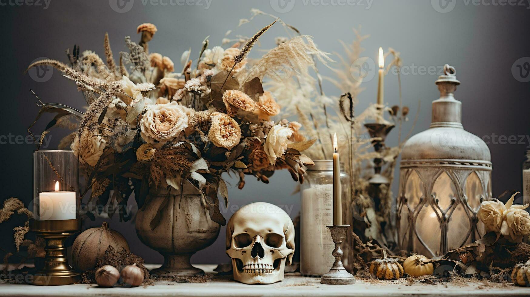 Generative AI, Halloween background with skull, flowers and feathers in boho style, muted neutral colors, home decoration photo