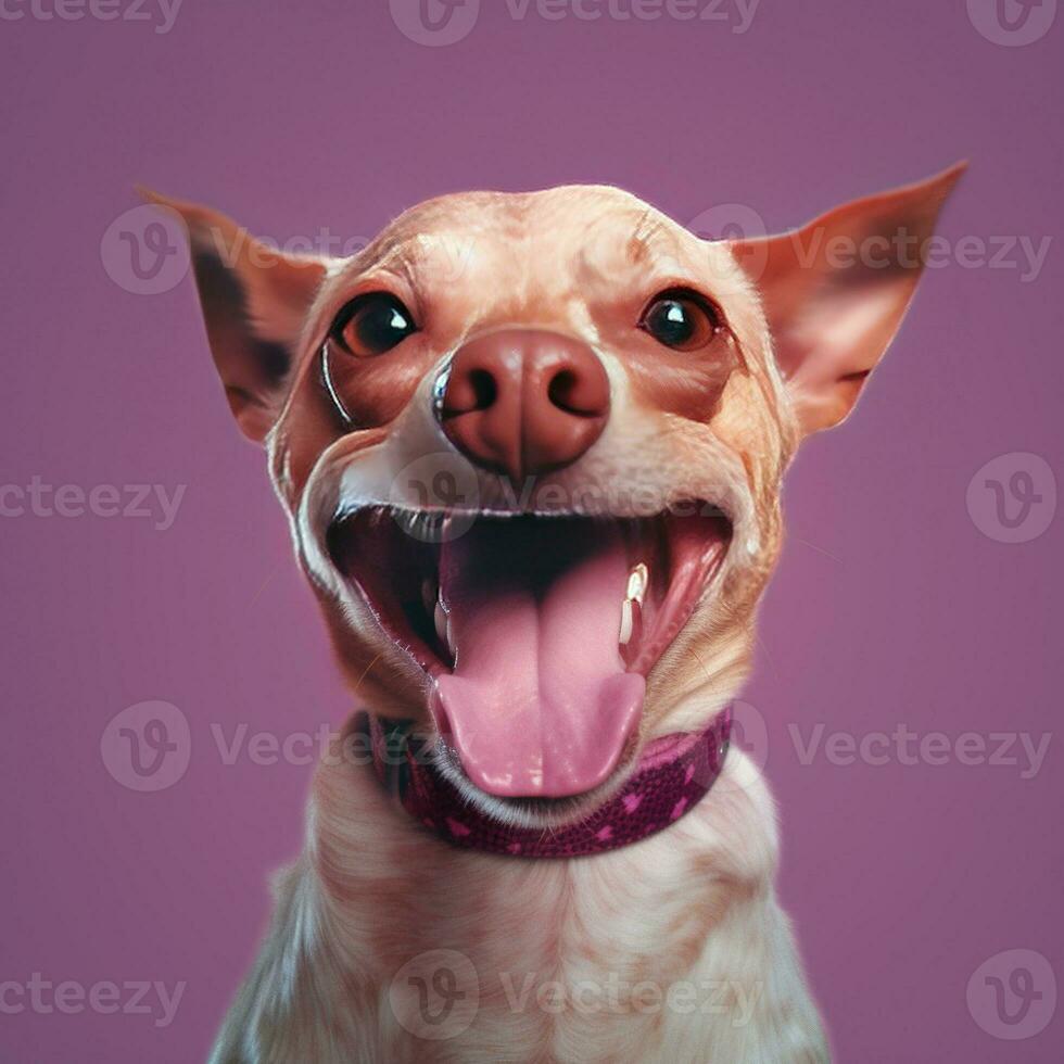 Generative AI, Portrait of a happy dog looking at the camera with mouth open on pink background photo
