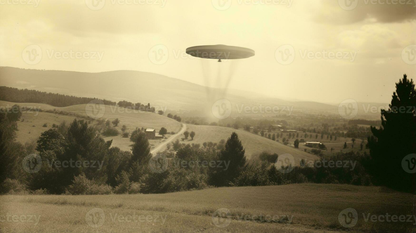 Generative AI, UFO over the Italian landscape vintage photo, aliens witnesses retro 1930s style photography photo