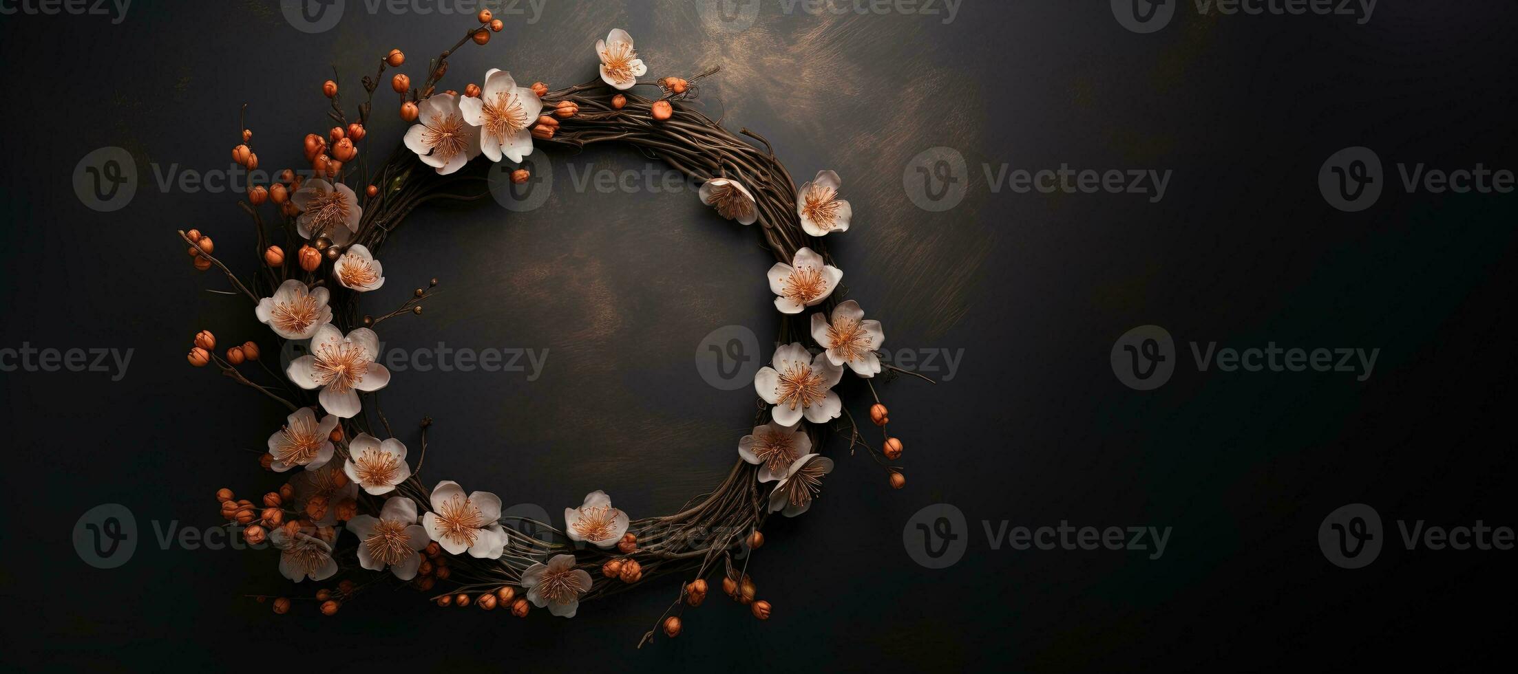 Generative AI, Close up wreath, blooming flowerbeds of amazing orange flowers on dark moody floral textured background. photo