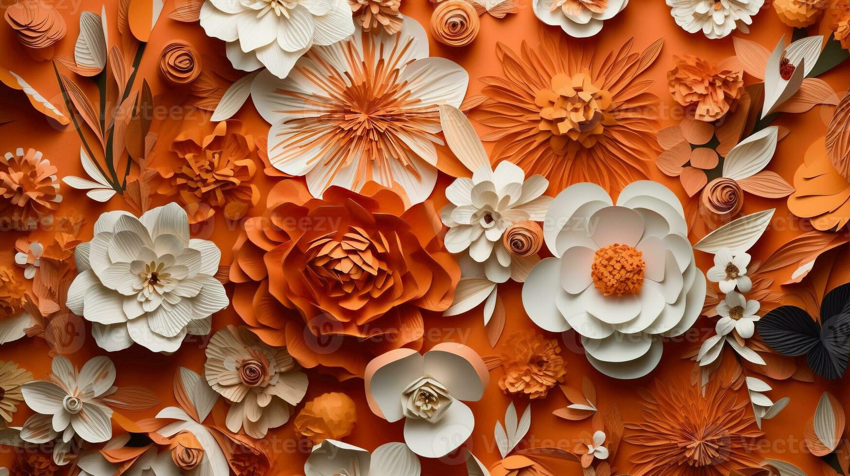 Generative AI, Paper cut craft flowers and leaves, apricot crush orange color, origami textured background, spring mood. Floral frame layout. photo