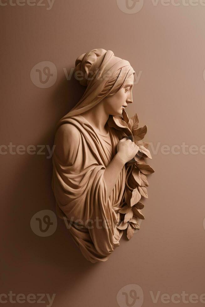 Generative AI, Photorealistic antique sculpture and flowers, muted neutral colors, 3d style ceramic statue photo