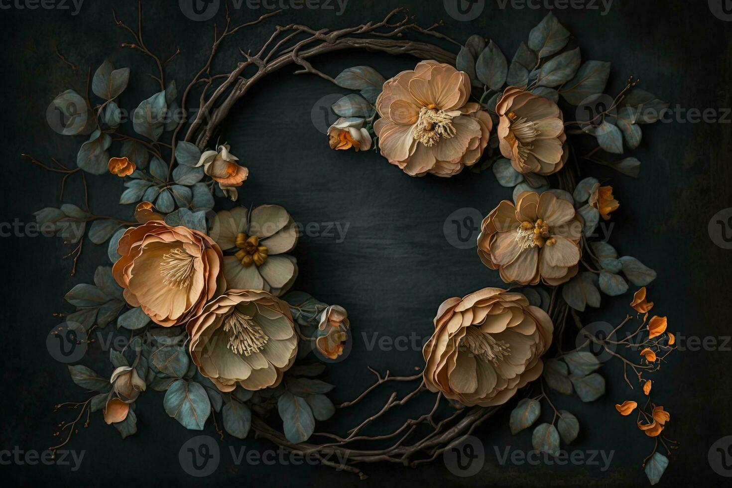 Generative AI, Close up wreath, blooming flowerbeds of amazing apricot and orange flowers on dark moody floral textured background. photo