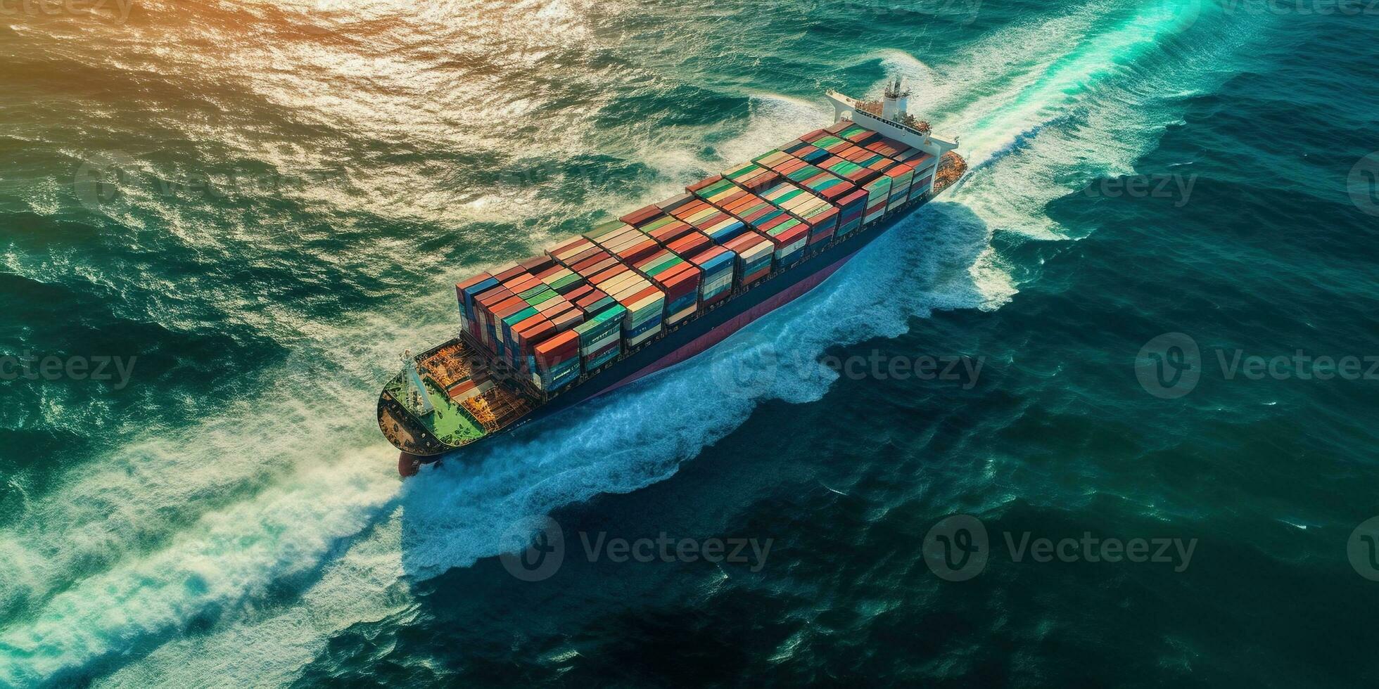 Generative AI, container ship in import export and business logistic. Aerial view, water transport, cargo shipping in open sea. photo