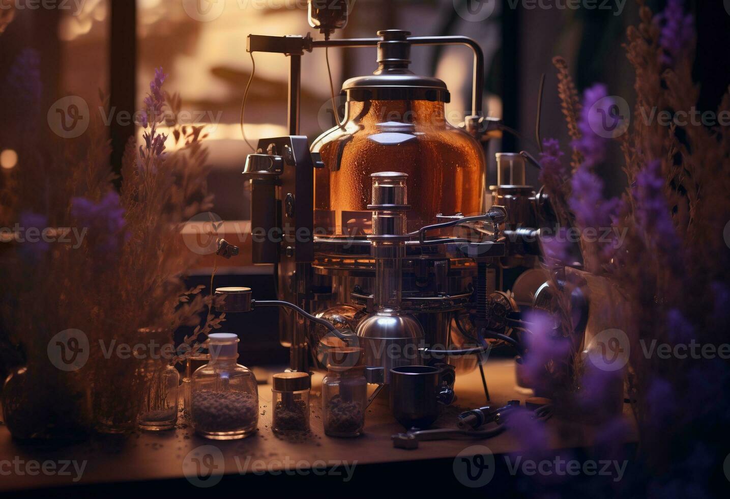 Generative AI, Essential oil extraction with distillery machine with lavender flowers photo