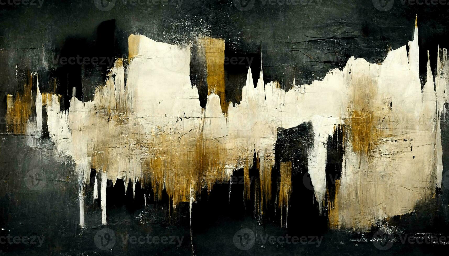 Generative AI, Ivory, golden and black watercolor abstract painted background. Ink black street graffiti art on a textured paper vintage background, washes and brush strokes. photo
