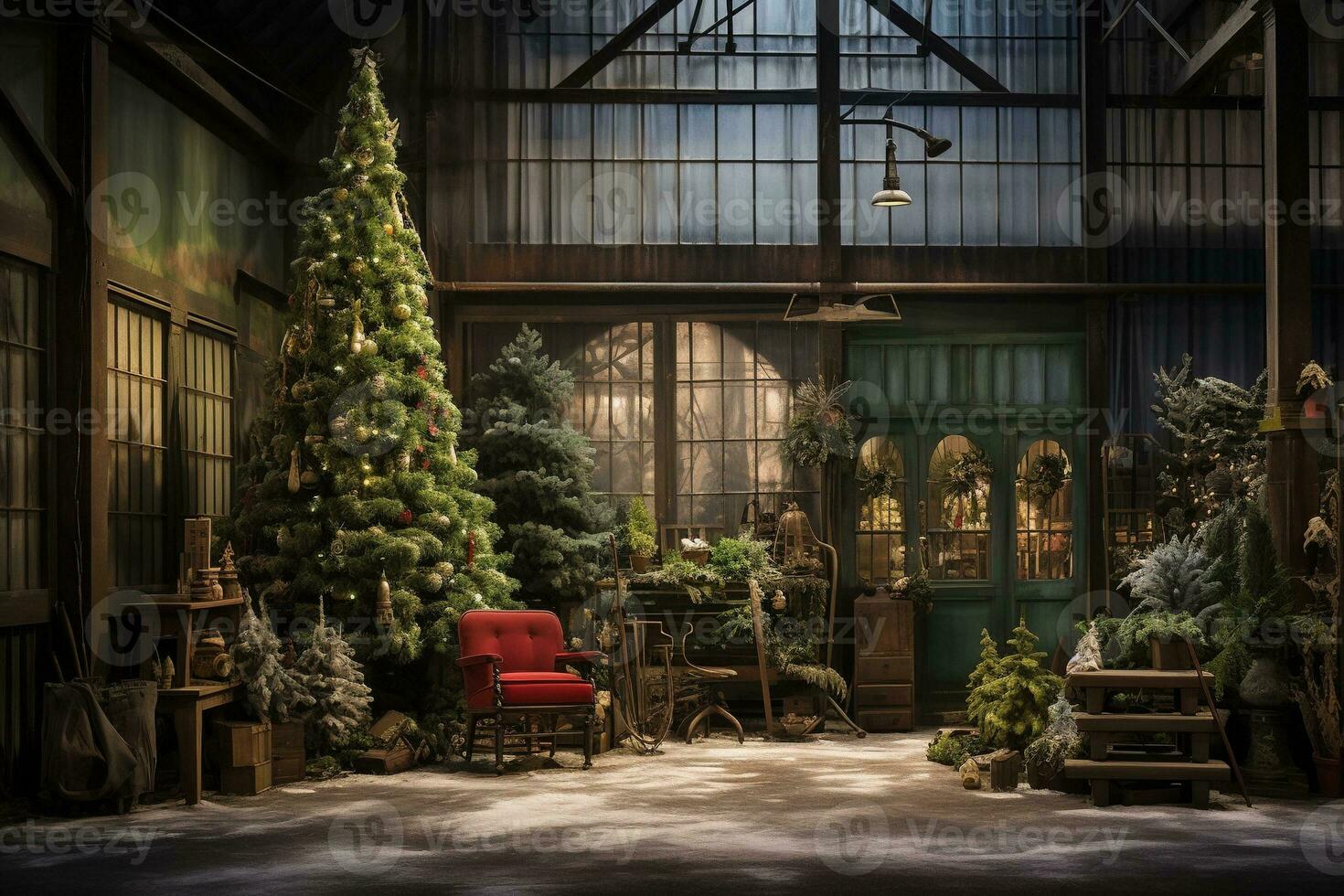 Generative AI, Christmas interior rural background, Santa Claus rustic workshop photo