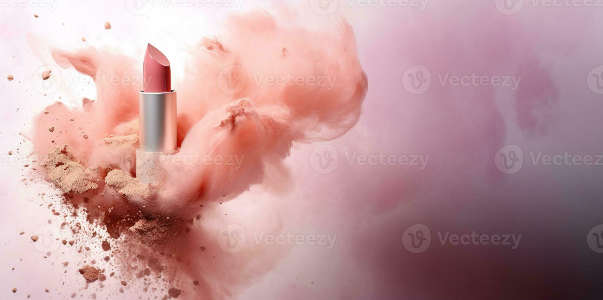 Generative AI, Nude beige color lipstick, beige and pink powder splashes and smoke with copy space. photo