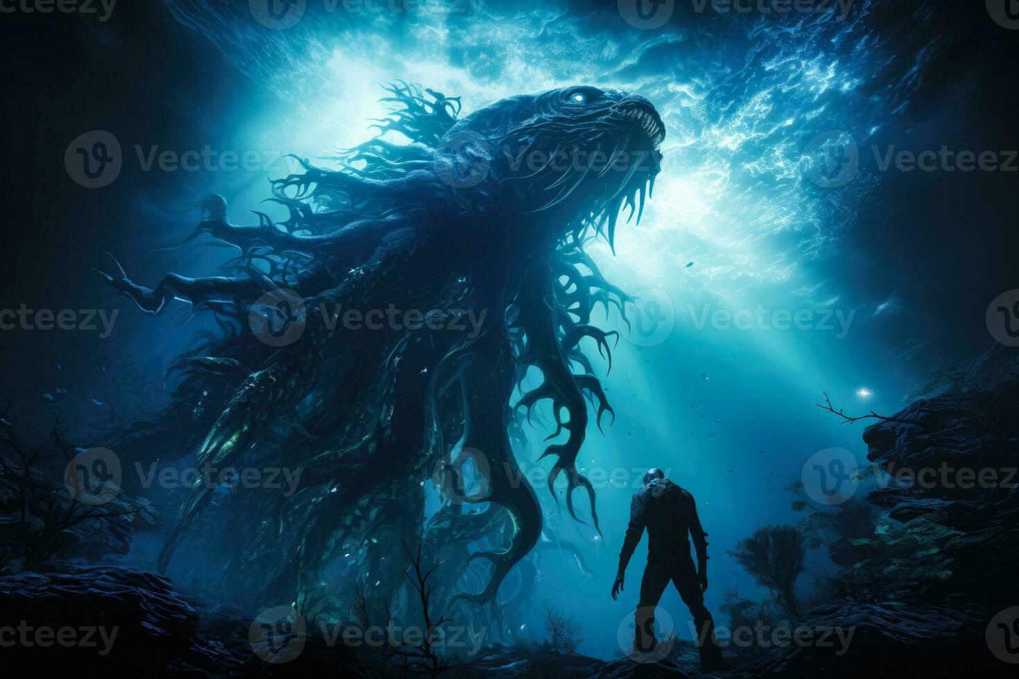 Unknown deep sea leviathan silhouetted against a luminescent underwater backdrop photo