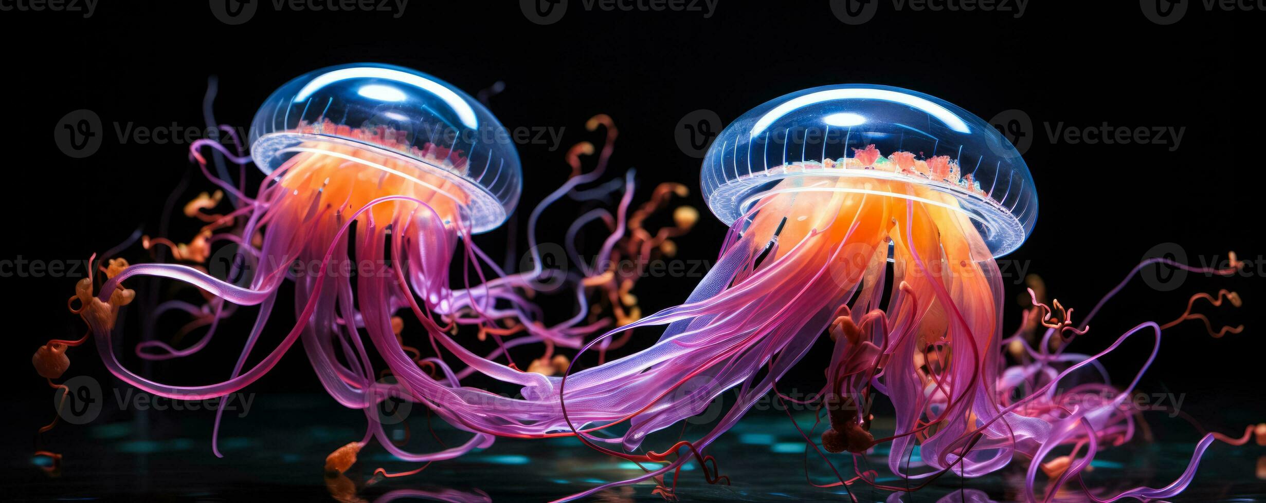 Deep sea creatures illuminating a dark aquatic abyss with vibrant hues photo