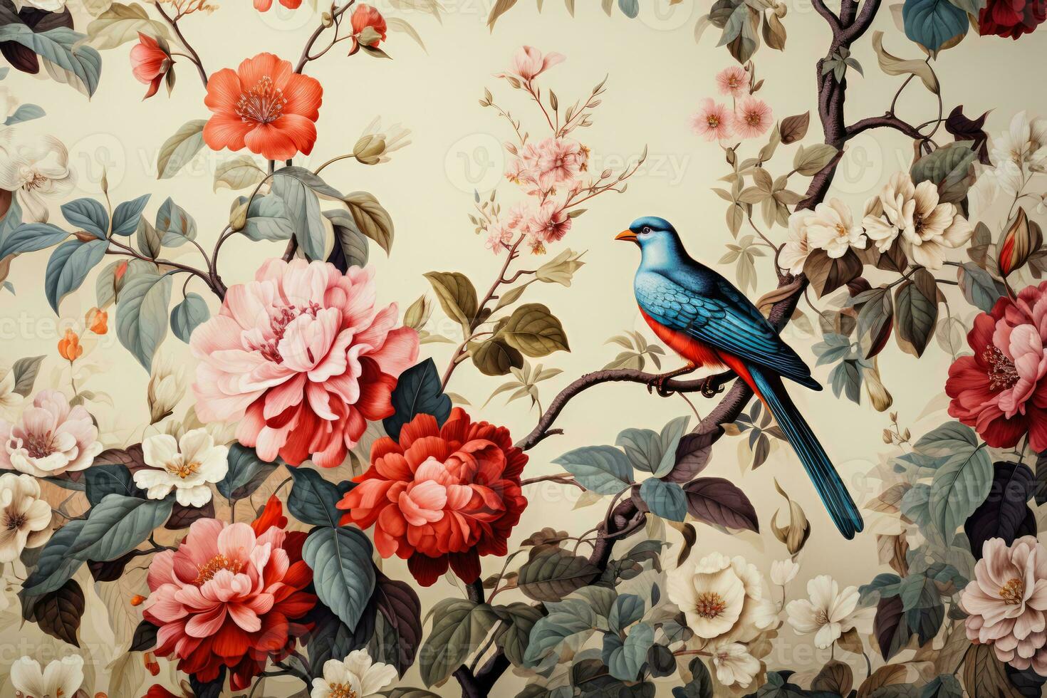 retro flora y fauna diseños adornando peculiar Clásico fondo de pantalla patrones foto