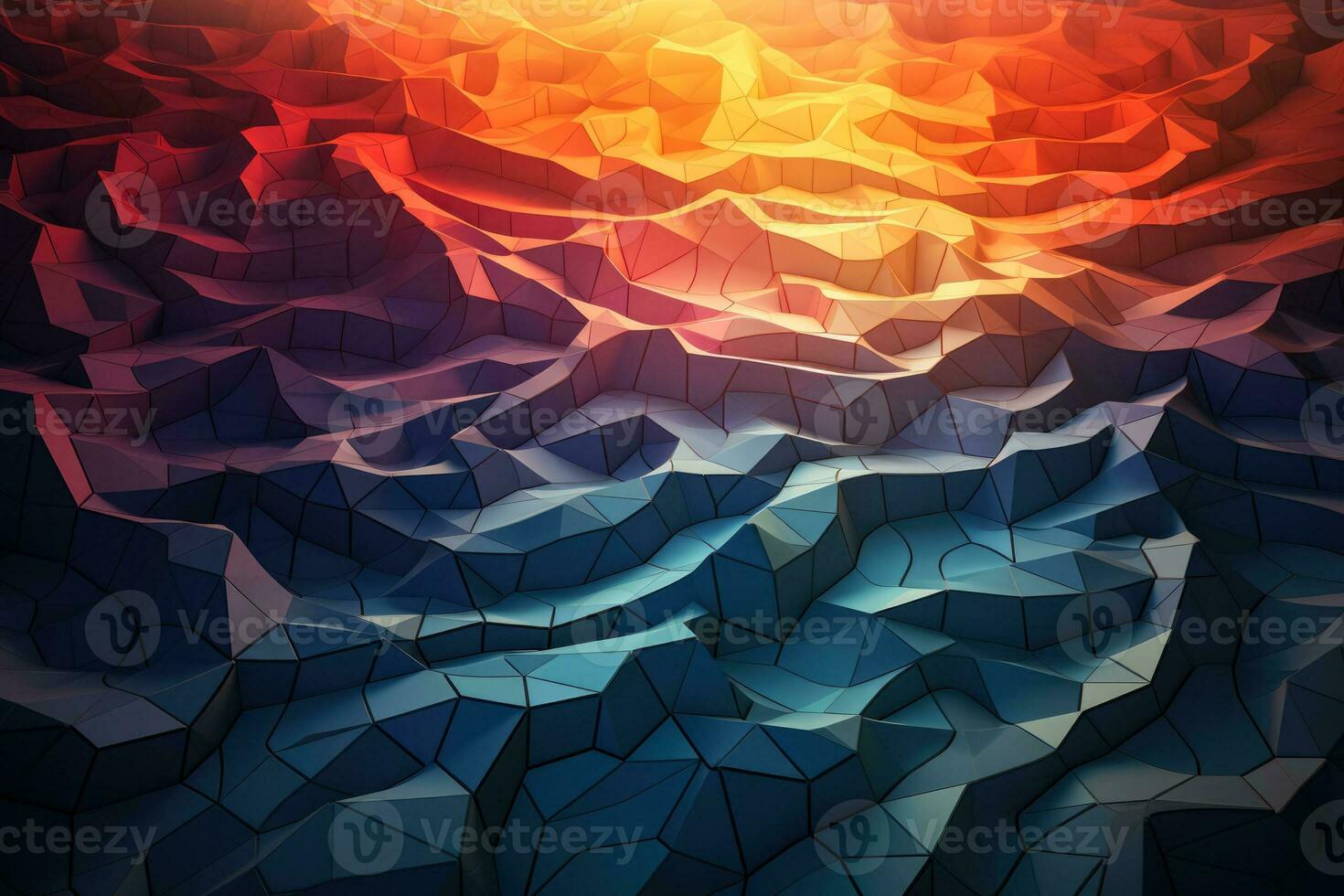 Glowing tessellated polygons merging into an eccentric 3D geometric landscape photo