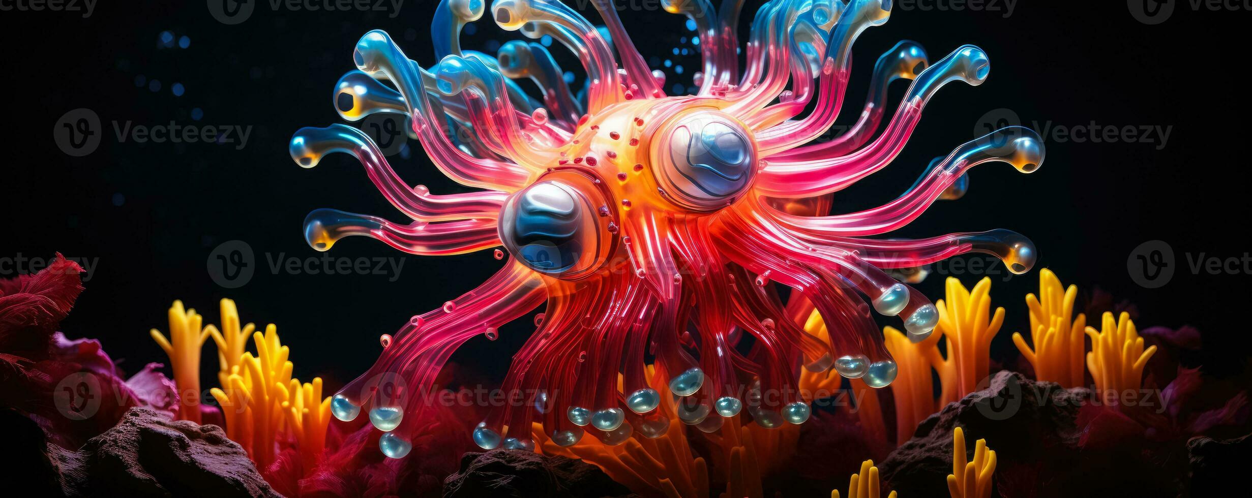 Deep sea creatures illuminating a dark aquatic abyss with vibrant hues photo