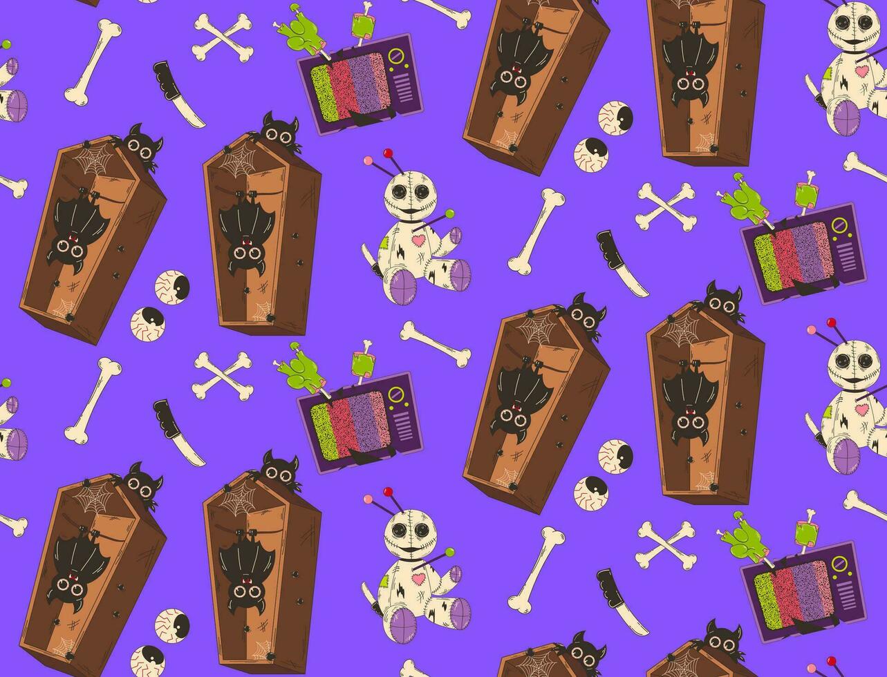 Colorful seamless pattern for Halloween. Bat in a coffin and a scary doll with a TV monster in retro cartoon style. vector