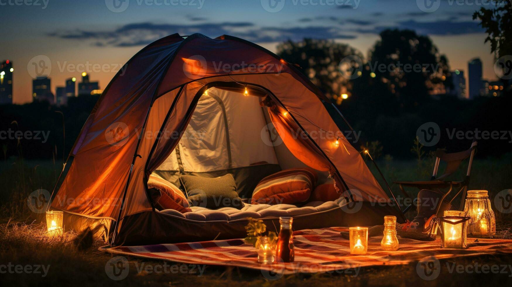 Generative AI, romantic camping with lantern lights, pillows, blanket. City view in the evening photo