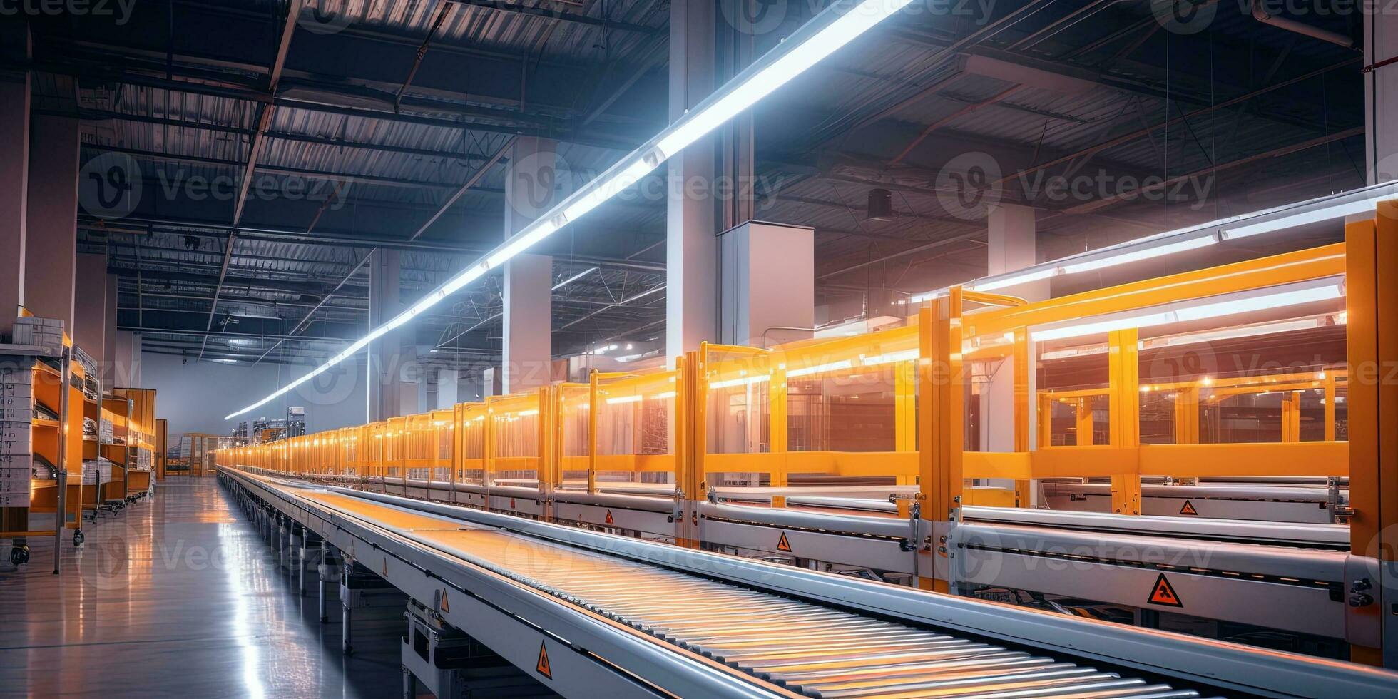 Generative AI, Warehouse interior with LED lighting, industry building, distribution retail center, part of storage and shipping system. photo