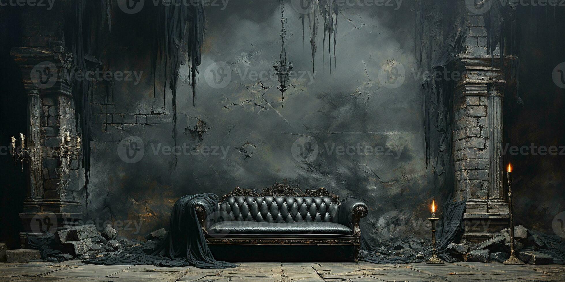 Generative AI, gothic ruined black interior and landscape in the style of gloomy fantasy photo