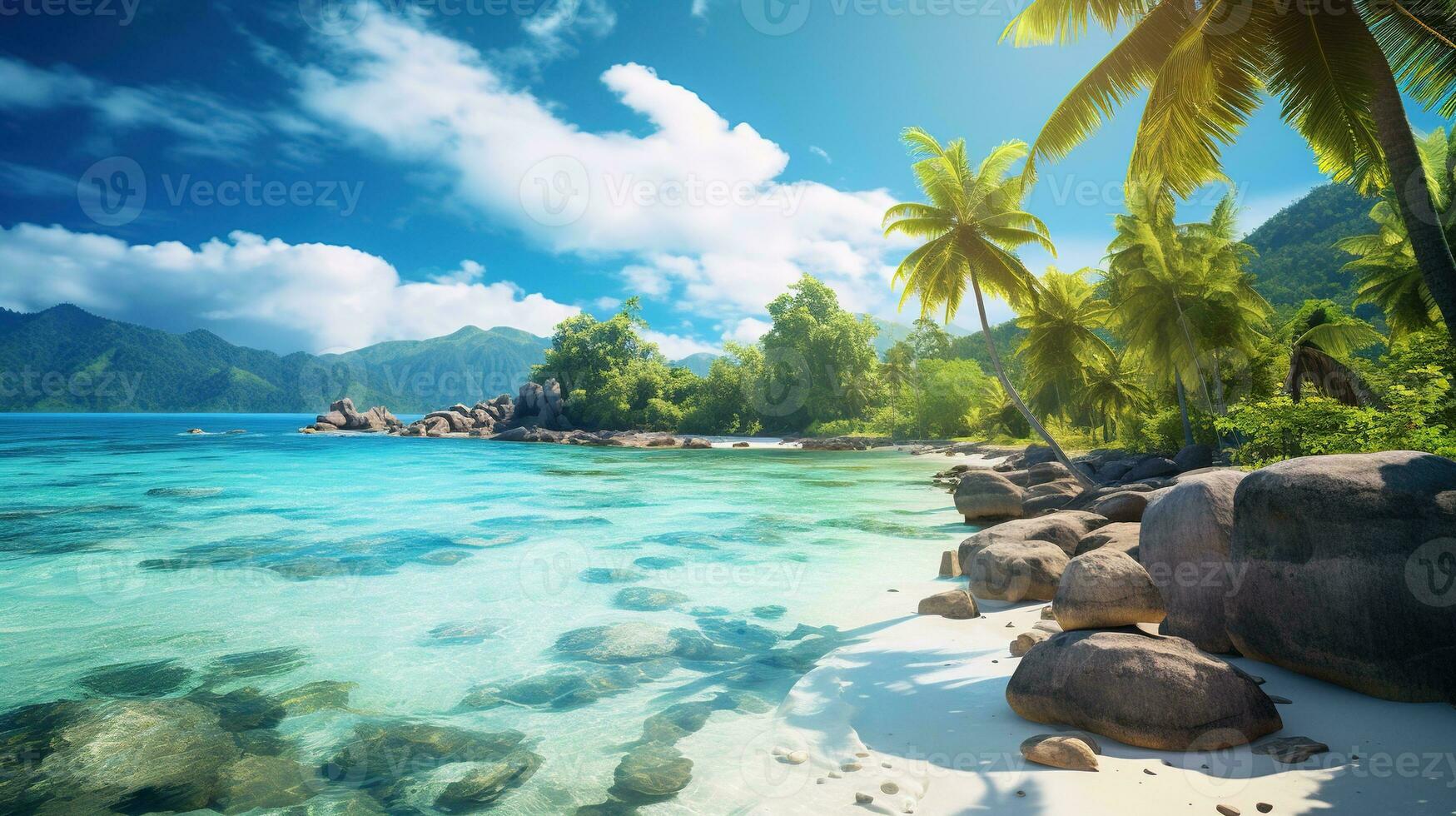 Generative AI, Beautiful beach of Seychelles, ocean or sea landscape, vacation on paradise. Tropical islands photo