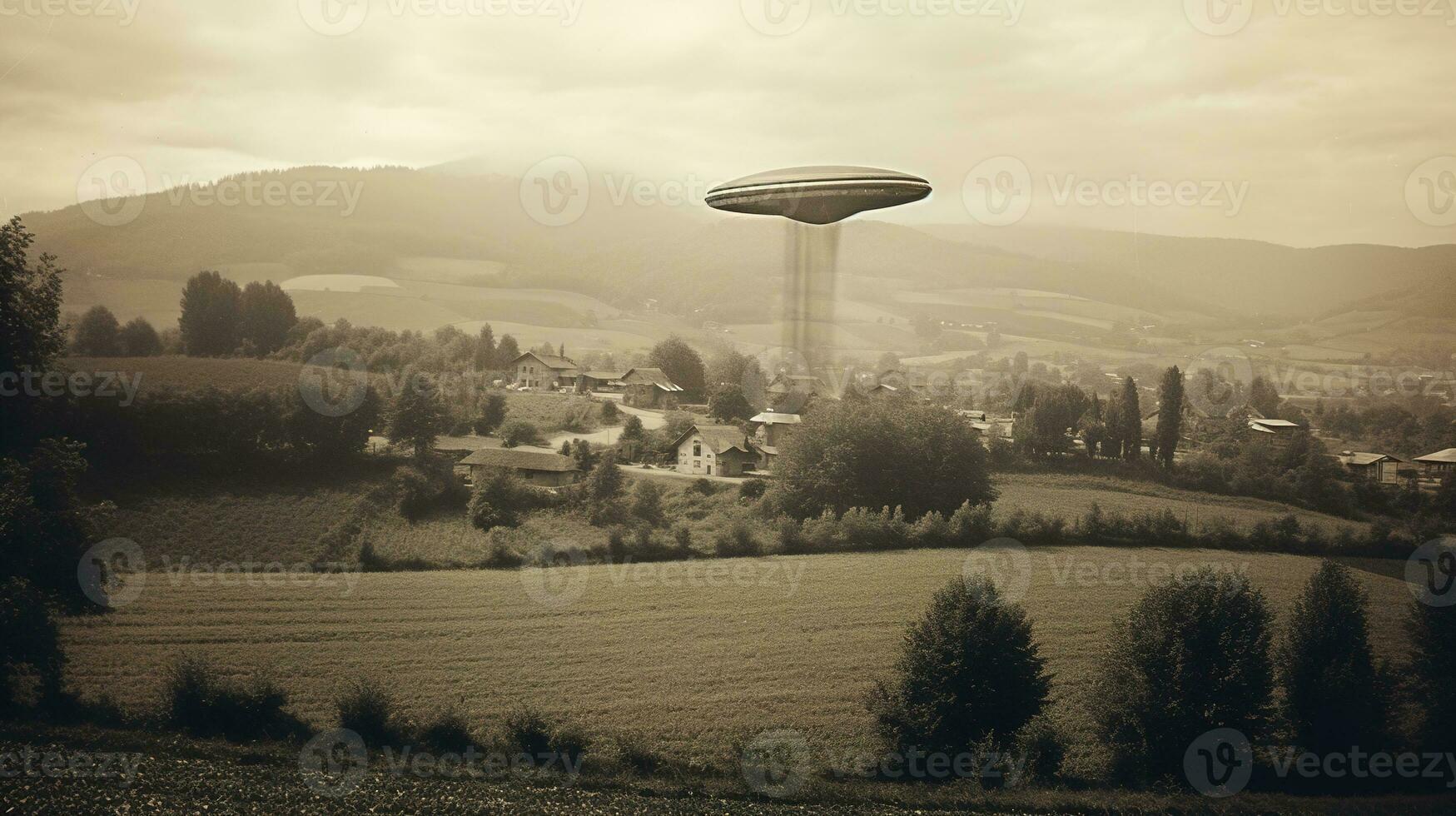 Generative AI, UFO over the Italian landscape vintage photo, aliens witnesses retro 1930s style photography photo