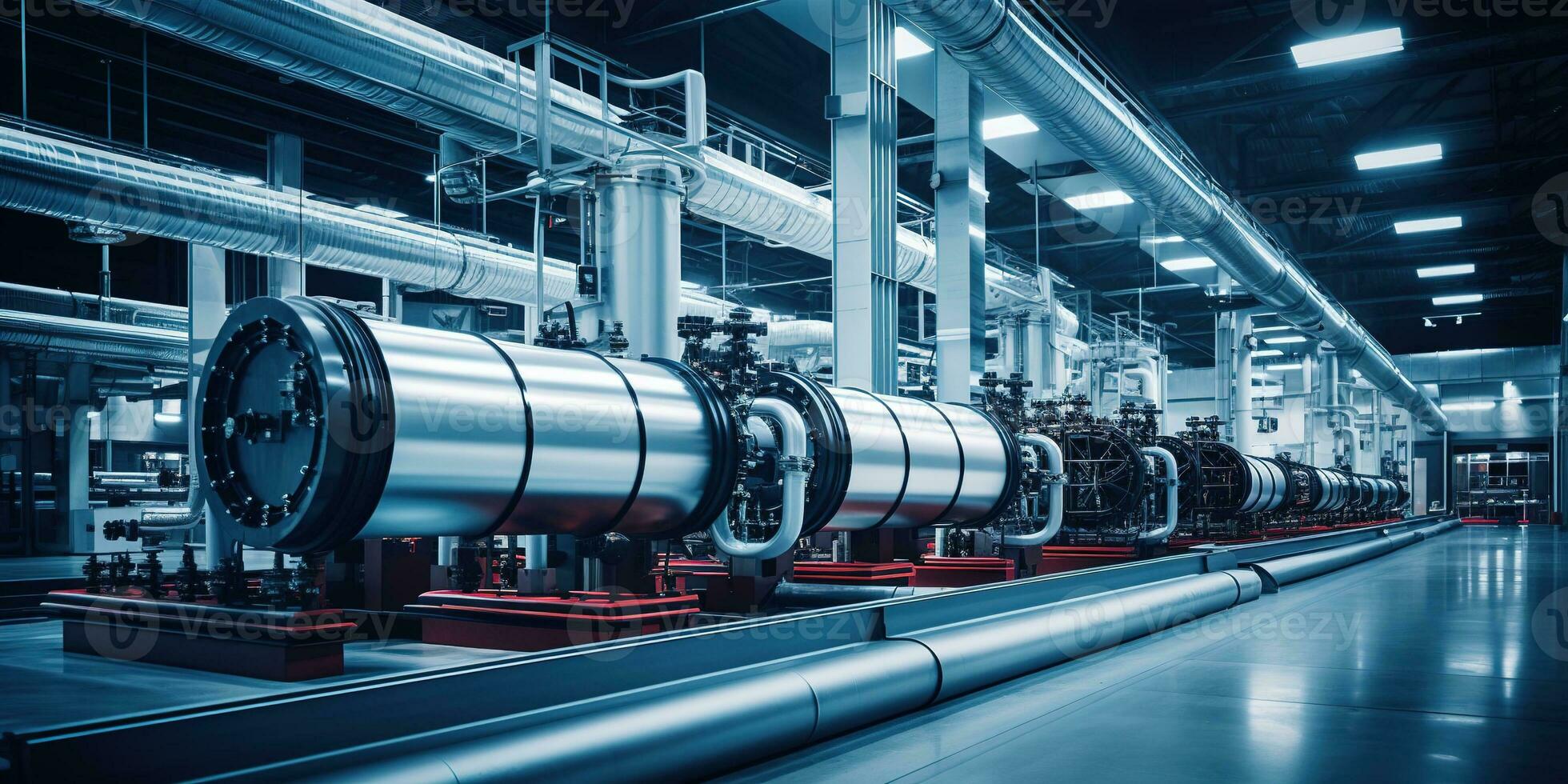 Generative AI, Hydrogen power plant, large steel tanks and pipes. Green renewable energy production, H2 energy concept photo
