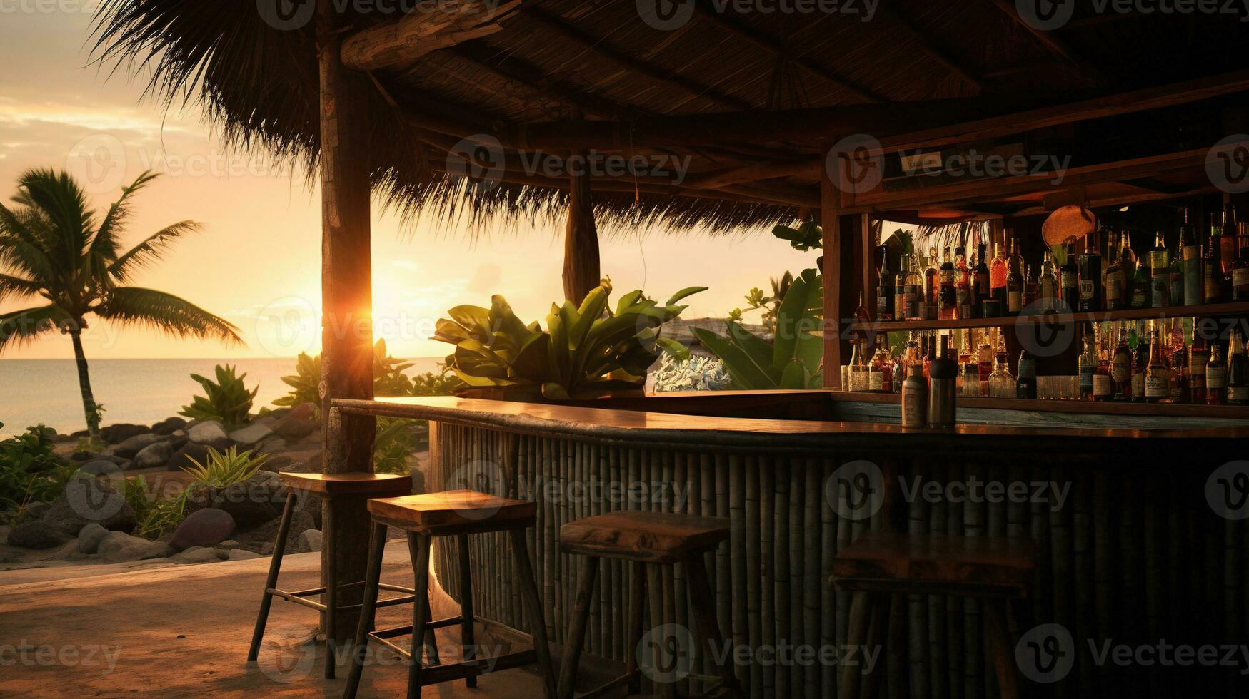 Generative AI, summer sunset beach bar background. Outdoor restaurant, Led light candles and wooden tables, chairs under beautiful sunset sky, sea view. photo