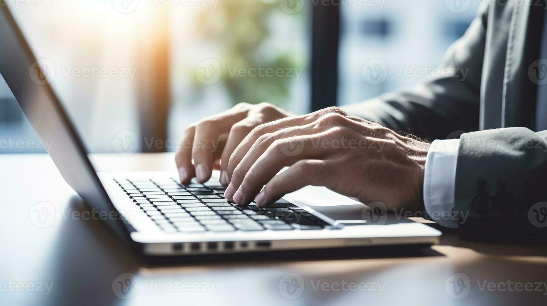 Generative AI, Typing on keyboard closeup, shot hands using laptop computer and internet photo