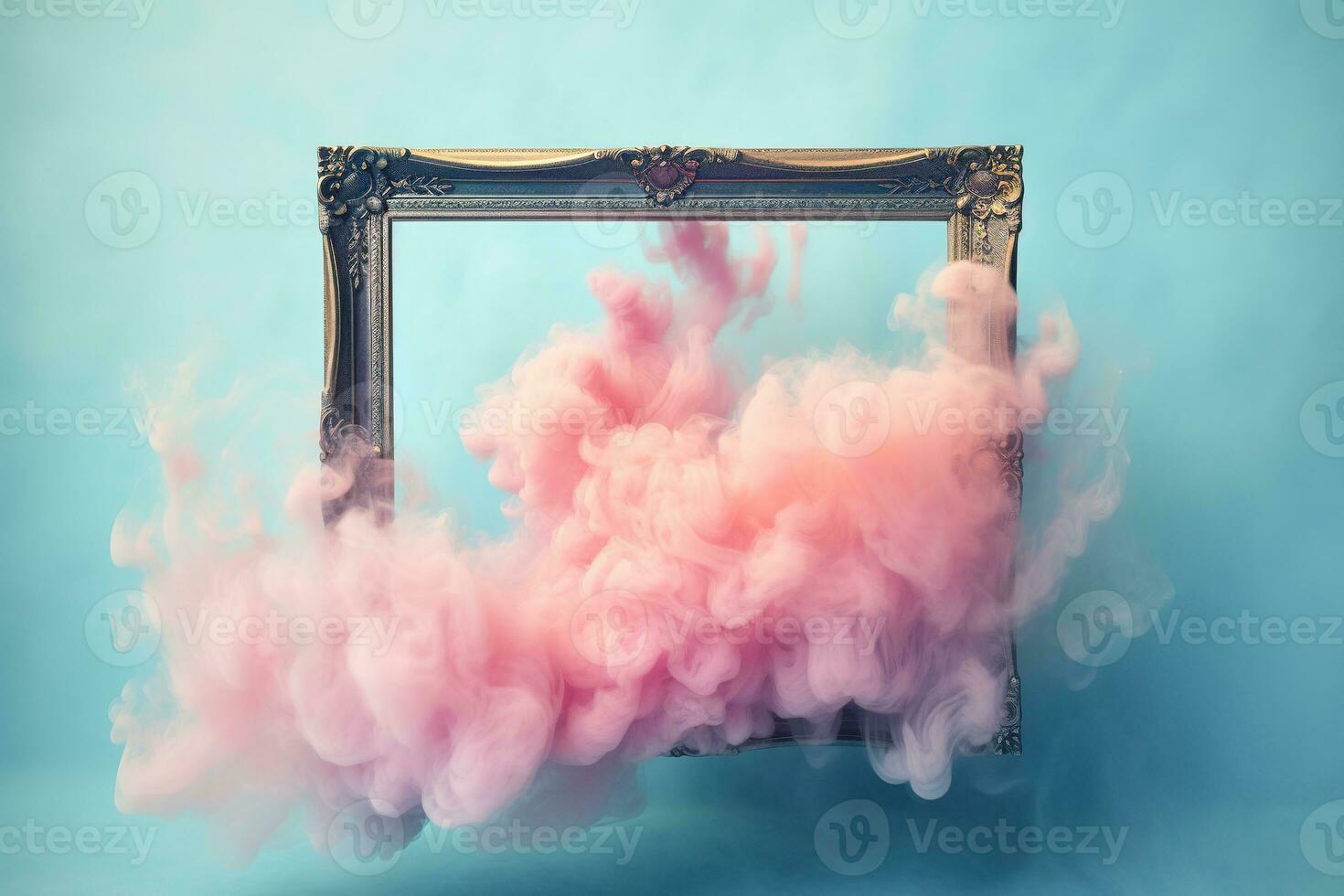 Generative AI, pastel light smoke around empty vintage beautiful frame. photo