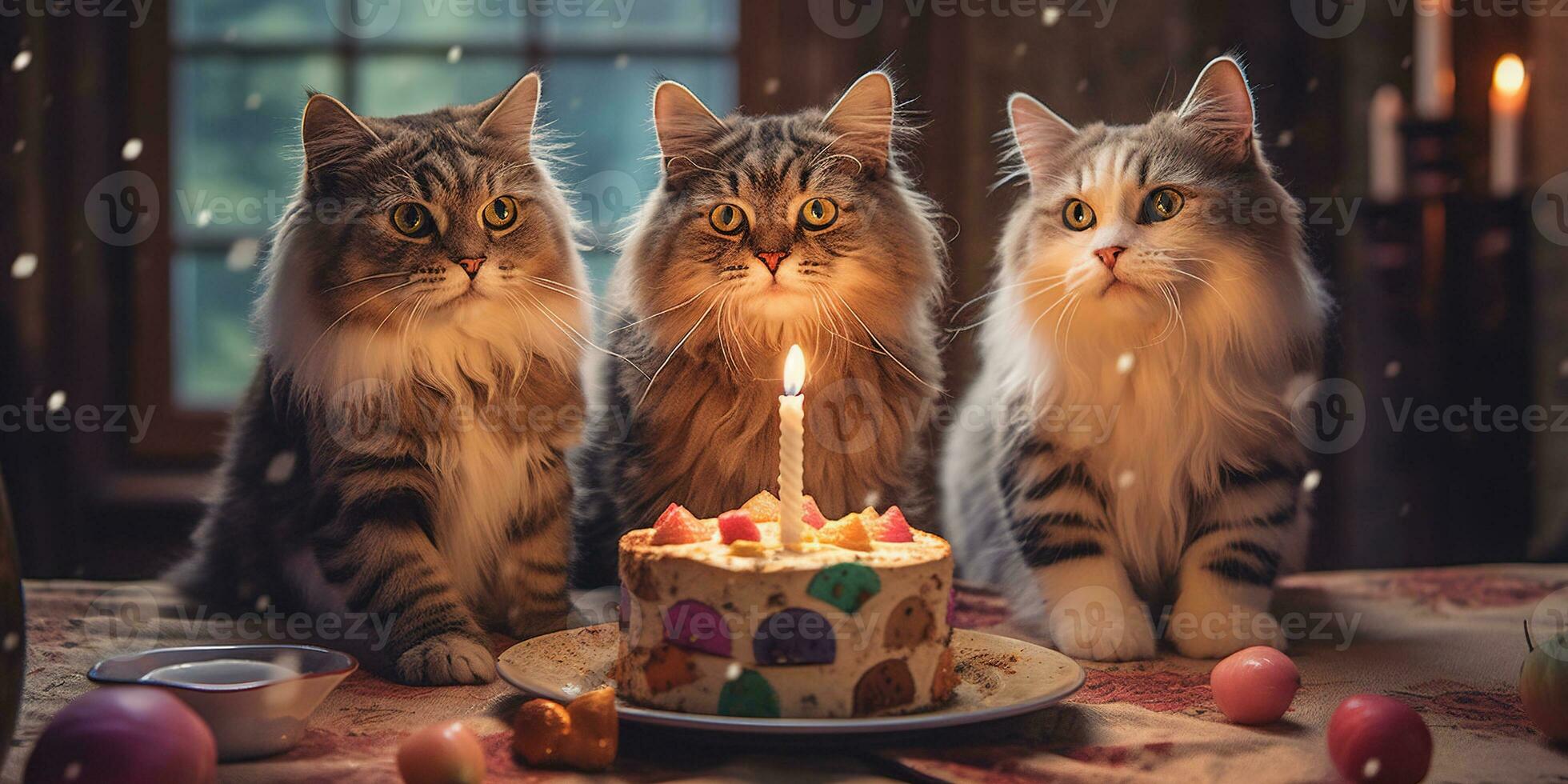 generativo ai, gato cumpleaños fiesta, pastel con un velas foto