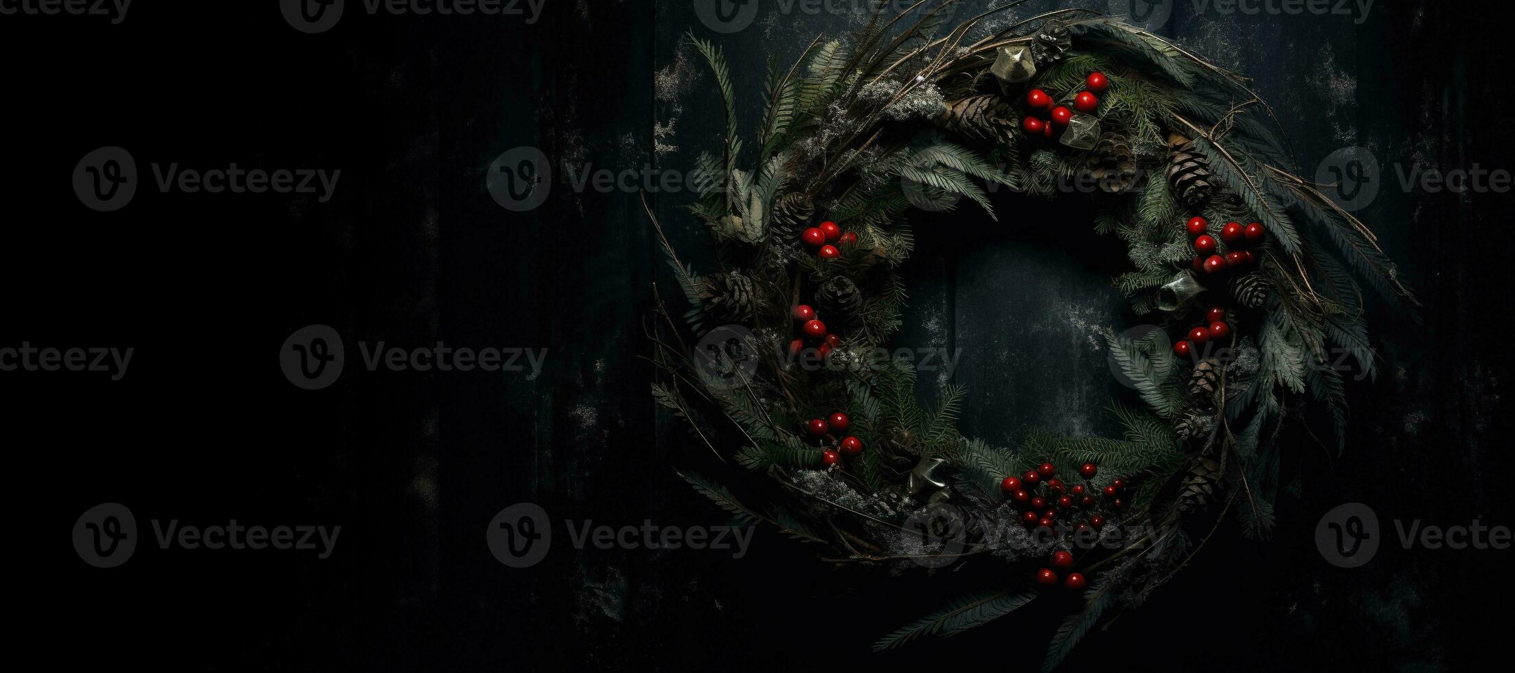 Generative AI, Close up Christmas wreath, dried branches, red berries, pine, balls and flowers on dark moody floral textured background. photo