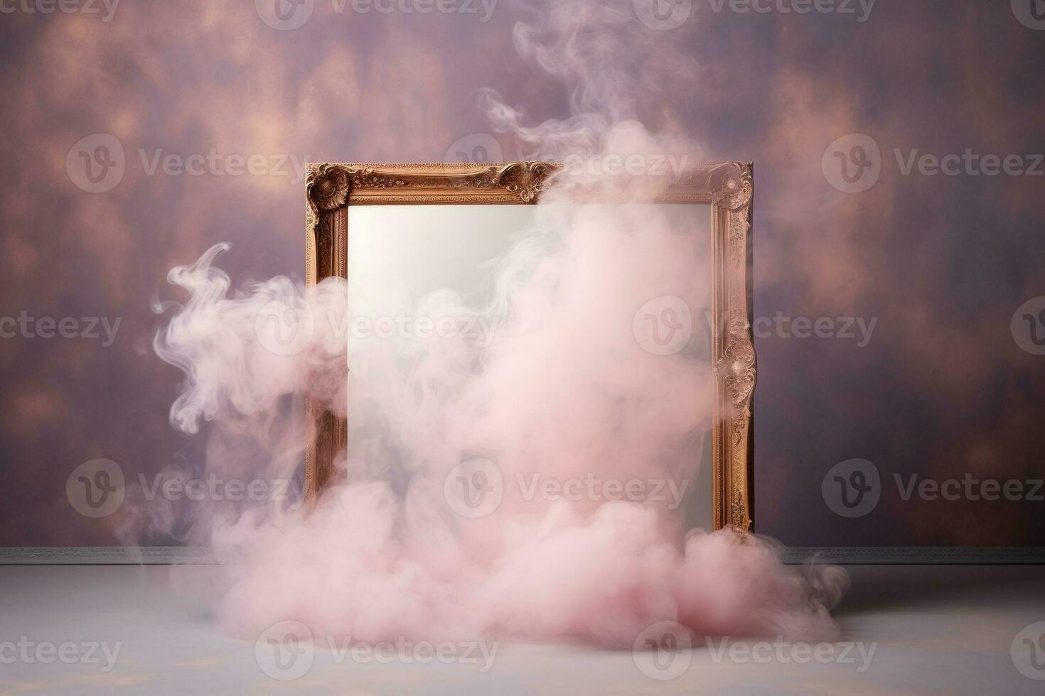 Generative AI, pastel light smoke around empty vintage beautiful frame. photo