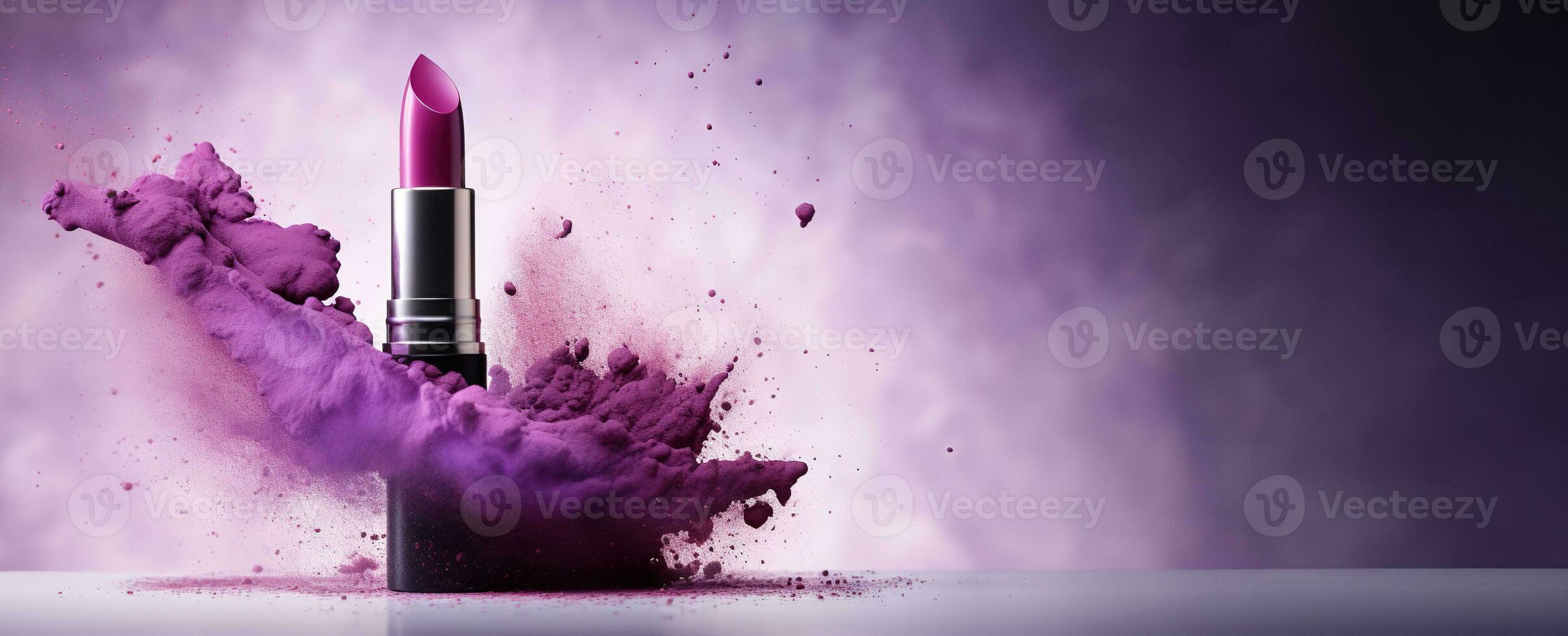 Generative AI, Purple lipstick, powder splashes and smoke on purple background. photo