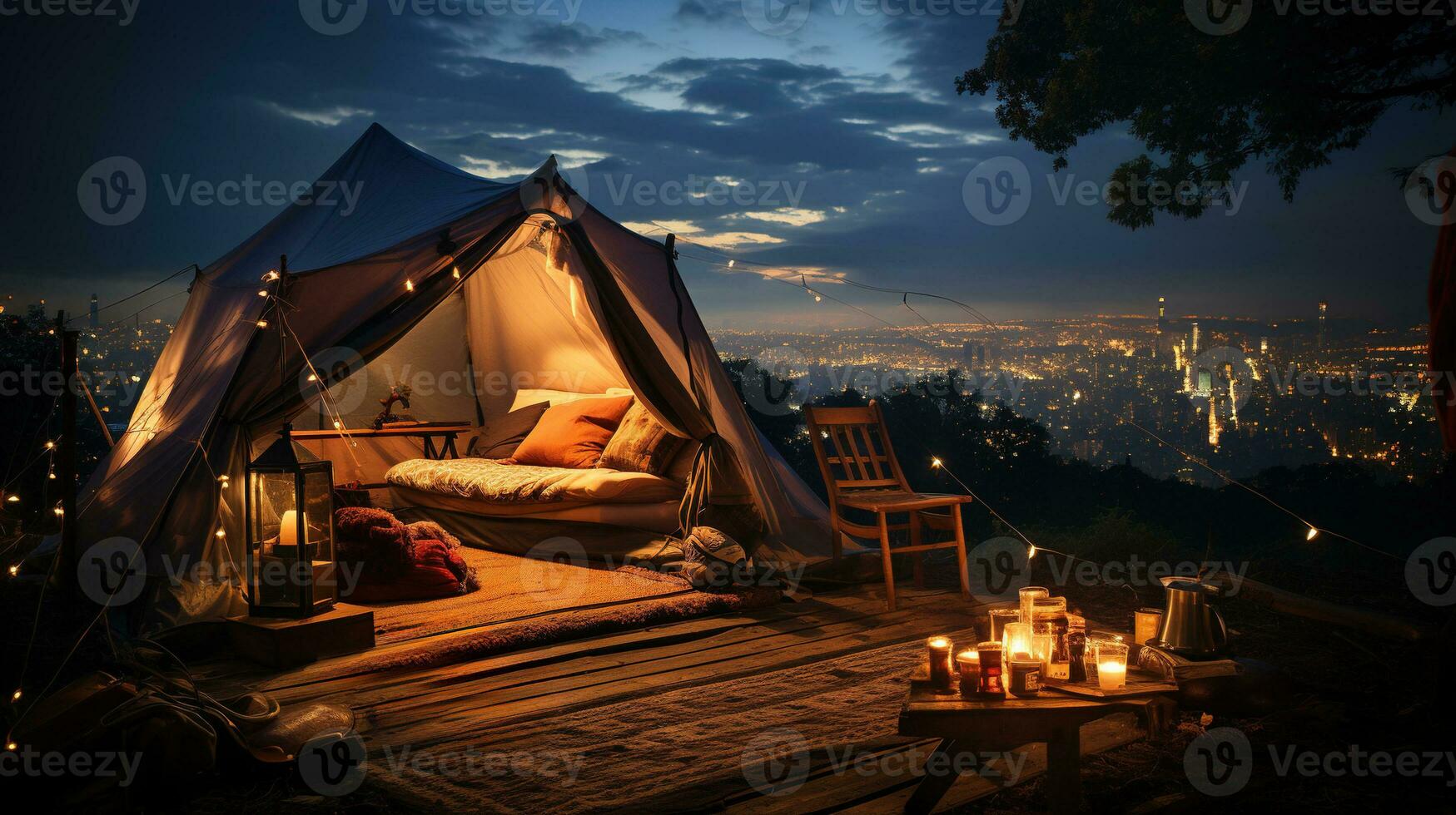 Generative AI, romantic camping with lantern lights, pillows, blanket. City view in the evening photo