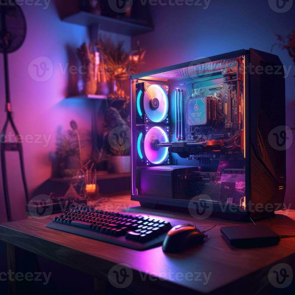 Futuristic powerful lighting computer in neon light, Neon Lights Gaming Computer photo