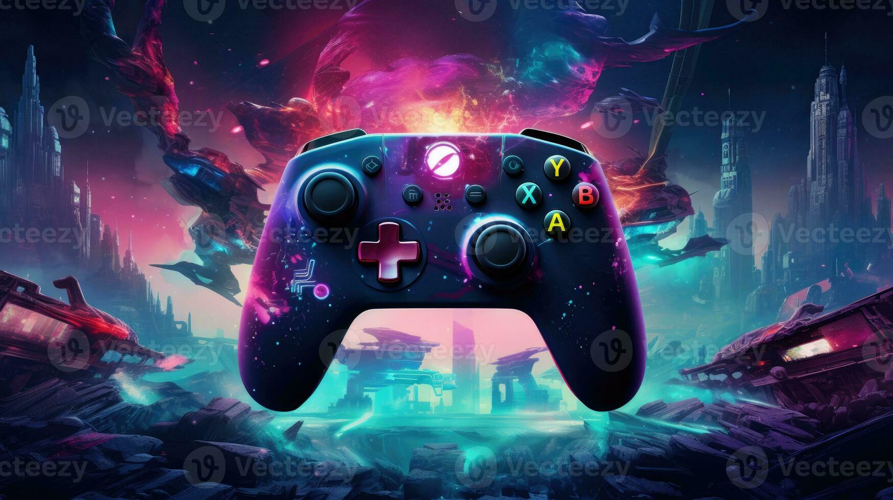 Gamepad on abstract colorful watercolor splashes background photo