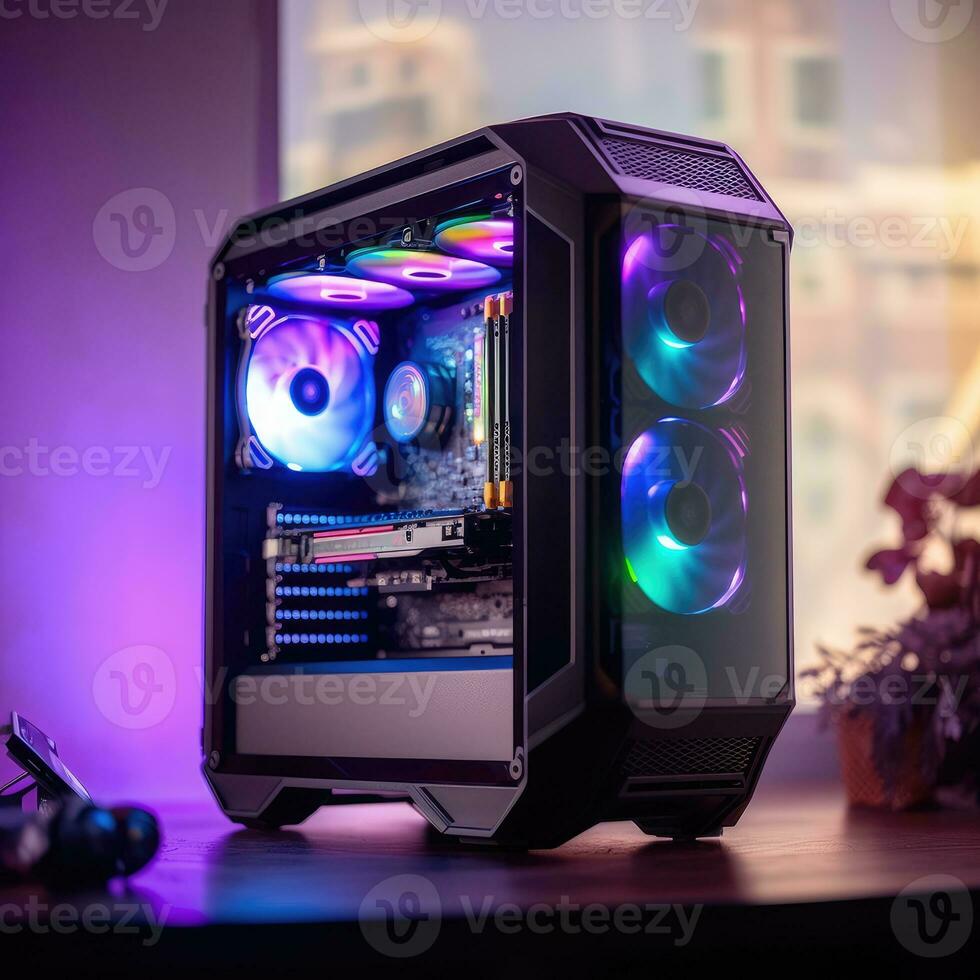 Futuristic powerful lighting computer in neon light, Neon Lights Gaming Computer photo