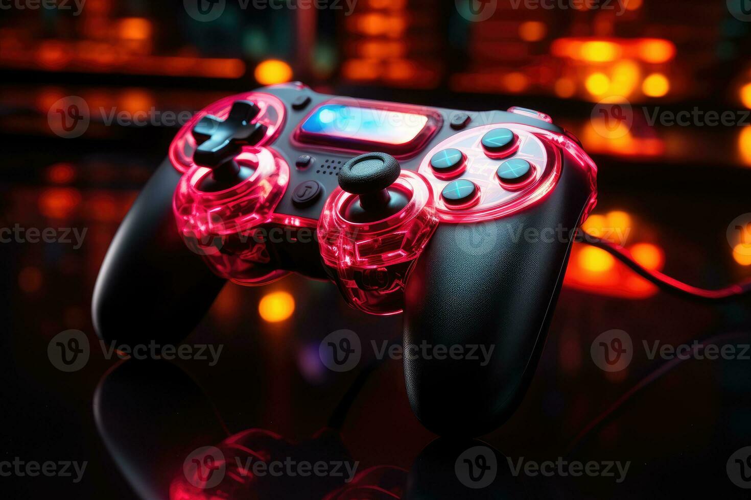 video game controller on a black background with neon lights. close up photo